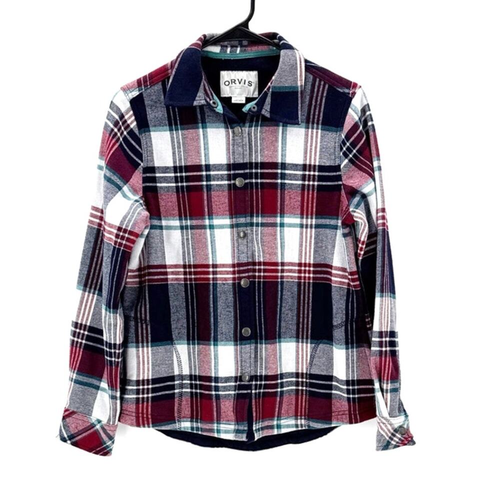 Orvis Pinnacle fleece-lined flannel shacket red navy green plaid snap button